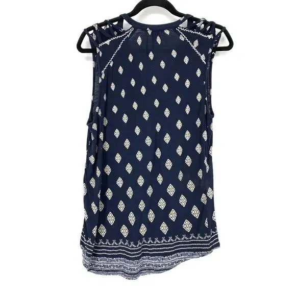 Lucky Brand Top Women's Size L Diamond Print Blouse Sleeveless Blue/White - Picture 2 of 6